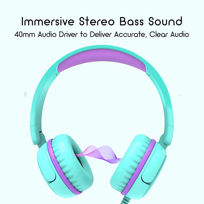 V1 Kids Headphones, Wired Stereo Foldable Tangle-Free 3.5mm Adjustable On-Ear Headphones for Kids for School/Toddlers/Childrens/Teens/Boys/Girls/Ipad/Tablet/Kindle/Phones/Travel/Plane (Green)