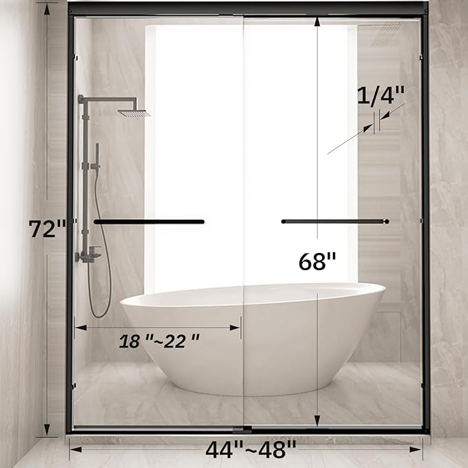 Glass Shower Door 44-48" W x 72" H Semi-Frameless Double Sliding Bathroom Shower Doors with 1/4 inch Clear Tempered Glass for Walk-in Shower, Matte Black