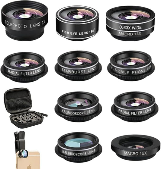 Phone Camera Lens (11 Lenses) Phone Lens Kit, Clip on Fisheye/Macro/Wide Angle Lens Attachment with Travel Case for iPhone 14 13 12 11 Xs X Pro Max Samsung Android Smartphone