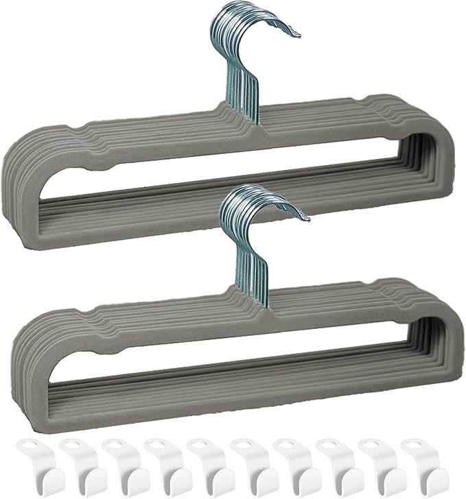 Velvet Hangers Non Slip - 20 Pack Pants Hangers for Closet - Thin Space Saving Clothes Hanger - Strong, Durable, Jean Perchas with 360 Degree Rotatable Hook for Tank Top (Grey Silver Hook)
