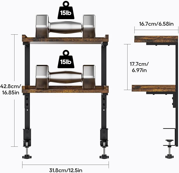 Clamp On Desk Shelf 2-Tier, 12.5 inche Wood Shelving Unit for Office Desk/Gaming Accessories, Tabletop Book Storage Rack, Shelf for Top & Under of Desk, Brown