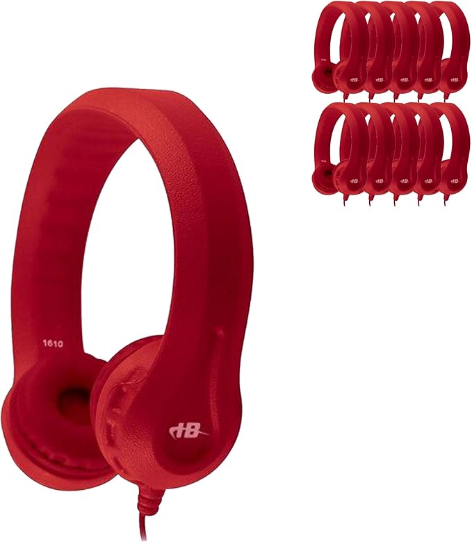 HamiltonBuhl Flex‑Phones Kids Foam Headphones 10‑Pack – Durable EVA Foam, Volume‑Limited 85 dB, Chew‑Resistant Dura‑Cord, Safe BPA‑Free Design for Classroom Use – Red
