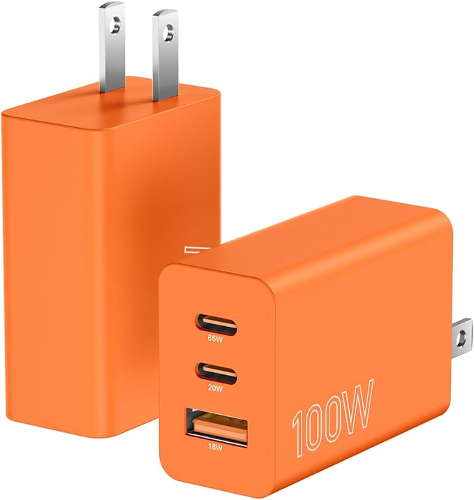 2Pack 100W USB C Charger Block, 3Port Fast Charging Adapter, Type C Fast Charging Blocks Cube PD USBC Wall Plug+QC3.0 USB A Charger Brick for MacBook Pro/Air,iPad,iPhone 17/16,Samsung S25 &More-Orange