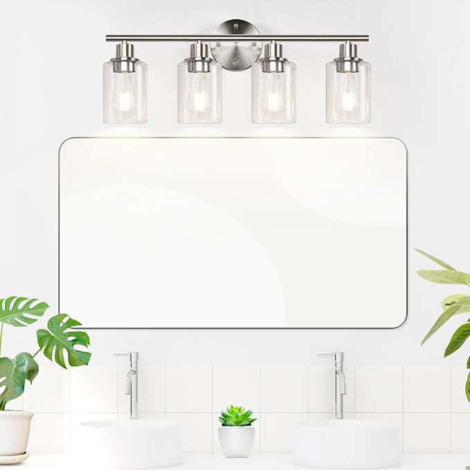 4-Light Bathroom Light Fixtures, Brushed Nickel Modern Vanity Lights Over Mirror with Clear Glass Shade, Bathroom Wall Lamp for Mirror Kitchen Living Room Hallway Cabinet Porch Bedroom Reading room