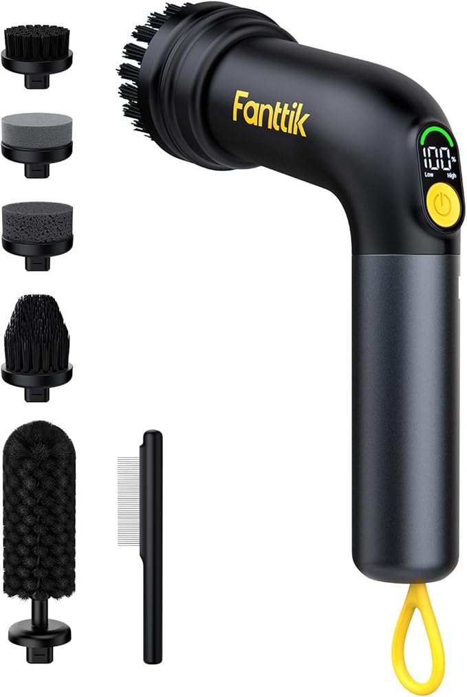 Fanttik G9 Handy Cordless Electric Spin Scrubber, MagnaStorm Motor, Dual-Speed, 5 Brush Heads, LED Display, IPX7 Waterproof, 2500mAh with Type-C Charging, for Kitchen, Sink, Tile, Stove
