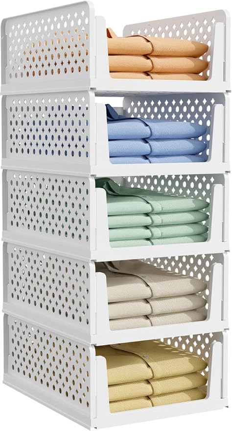 Kitsure 5-Pack Closet Organizers & Storage - Stackable Foldable Plastic Storage Drawers,Space-Saving Multi-Purpose Closet Storage Containers for Wardrobe, Bedroom or Laundry Room 16.7" x 12.9" x 6.6"