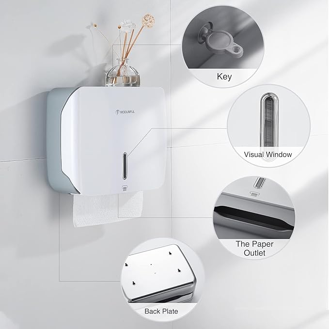 Paper Towel Holder for Bathroom Wall-Mount: No Drill Adhesive Z-fold Multifold Paper Towel Dispenser, Compact Design for Family Bathrooms & Small Spaces, Locking Feature