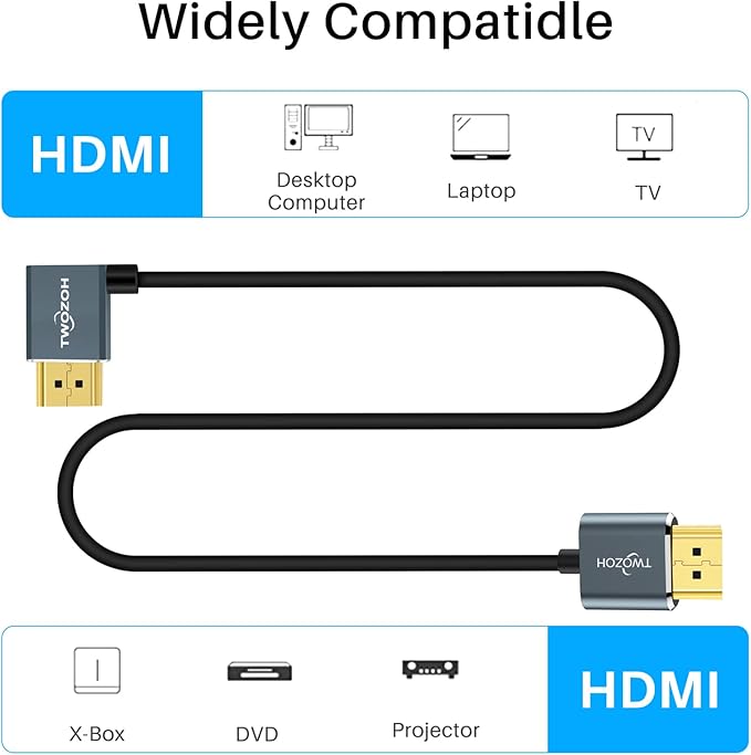 Twozoh Flexible HDMI to HDMI Cable Left Angled 90° 3.3FT, Ultra Thin and Slim HDMI Cord Support 3D/4K@60Hz