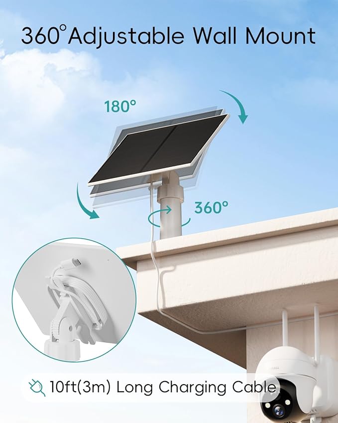 ZUMIMALL 5W Solar Panel for Security Cameras Wireless Outdoor, with Micro USB & Type-C Port, High-Efficiency Solar Power, IP66 Weatherproof, 360° Adjustable Bracket, 10ft Cable