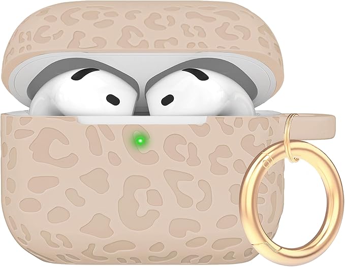 Engraved Leopard Case Compatible with AirPods 4th Generation Cover with Keychain, Skin Soft Cover for Compatible with AirPods 4 Case Full Protection,Front LED Visible, Milk Tea