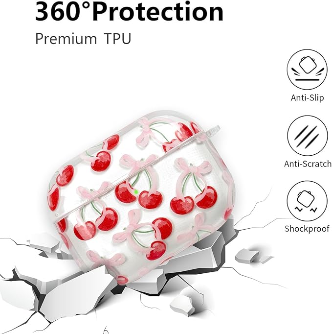 Compatible with AirPods Pro 2 Case Cover 2022, Soft TPU with Cute Flower Pattern for AirPods Pro 2nd/1st Generation Case with Flower Keychain and Carabiner for Girls Women (Cherry)