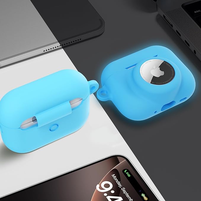 2 in 1 Silicone Case Compatible with AirPods Pro 3 and AirTag 2/1, Shockproof Protective Case Cover for AirPods Pro 3rd Generation 2025 with Cleaner Kit & Carabiner (Glow Blue)