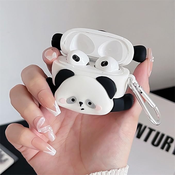Case Compatible with 2024 Airpods 4, Cute Kawaii Panda Design Earbuds Cover, Kids Boys Girls Portable Accessories Soft Silicone Wireless Earphone Shockproof Protector for Gifts Black White