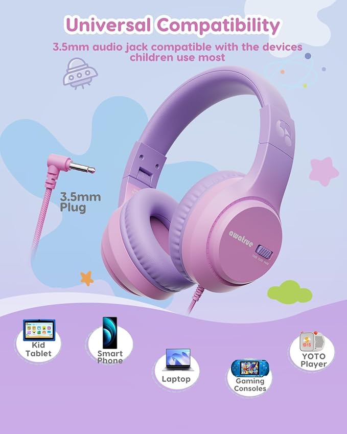 Kids Headphones, 74/85/94dB Volume Limiter, Foldable Wired Over Ear Headphones for Travel, 3.5mm Jack, Toddler Headphones for School, Chromebook, iPad, Tablet, Purple Pink