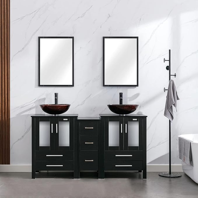 eclife 60" Modern Bathroom Vanity Sink Combo Freestanding Cabinet with Small Side Cabinet, Brown Round Glass Vessel Sink, Water Save Faucet, Drain (Black+A09)