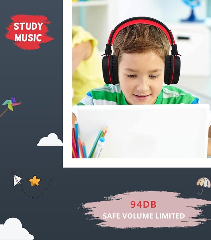 Upgrade USB Type C Kids Headphone for School, 94dB Safe Volume Limited, HD Stereo Sound, Foldable Lightweight On-Ear Headphones for Boys/Girls/Students/Tablet/Travel (Red Black)
