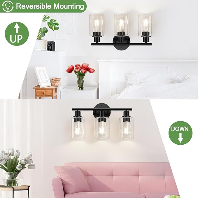 3-Light Bathroom Light Fixtures, 17.23" Black Modern Vanity Lights with Clear Glass Shade, Bathroom Wall Lamp for Mirror Kitchen Living Room Hallway Cabinet Porch
