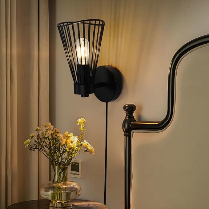 Plug in Wall Sconce Indoor Large Industrial Wall Sconces Farmhouse Wall Lamp with Plug in Cord Vintage Black Wall Lights with On/Off Switch Wall Light Fixture for Living Room Bedroom Rustic