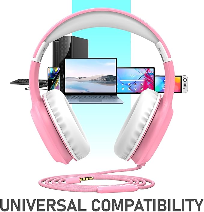 FosPower Kids Headphones with 3.5mm Laced Cables, Children & Teens Over The Ear Foldable Adjustable Headset w/Built-in Mic for Smartphones/PC/Tablet/Laptop/School (Max Volume 85dB) – Pink/White