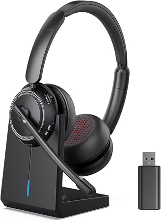 Wireless Headset with Mic for Work, Bluetooth Headphones with Microphone (Noise Cancelling & Mute Button), Wireless Headset with mic for Work/Computer/PC/Laptop/Cell Phones/Call Center/Teams/Zoom/Home