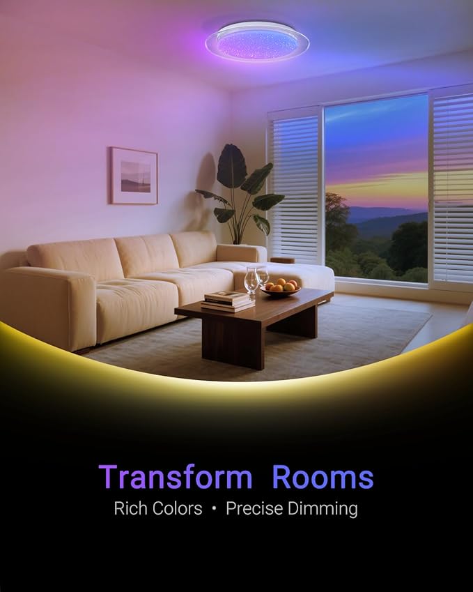 1-Pack, 15 inch Smart LED Music Ceiling Light with Bluetooth Speaker, Compatible with Alexa & Google Home, Color Changing RGB Dimmable Light for Living Room, Bedroom, Kitchen