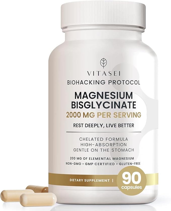 Vitasei Magnesium Bisglycinate – High Absorption Chelated Formula – 2000 mg per Serving (200 mg Elemental Magnesium) for Relaxation, Sleep & Muscle Recovery – Gentle on Stomach – 90 Capsules