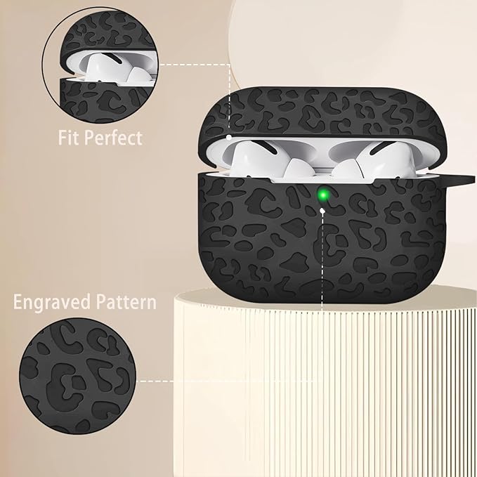 Engraved Leopard Case Compatible with AirPods Pro 2 Case Cover 2022,Soft Silicone Caeving Cover for Women Girls, Black