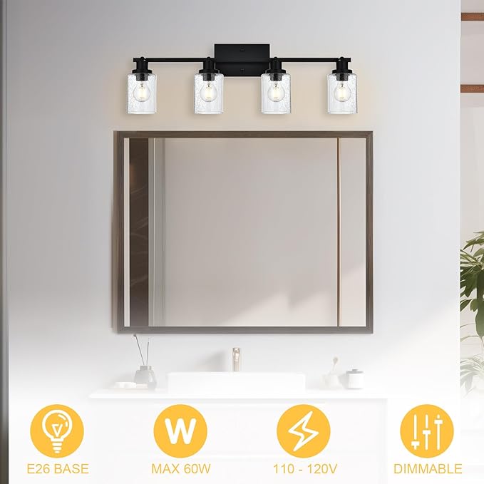 4-Light Black Track Lighting Kit Ceiling Mount Kitchen Track Lighting Fixtures, Bathroom Ceiling Tracking Vanity Light with Bubble Seeded Glass Shade & Rotatable Tracking Heads for Accent Shop