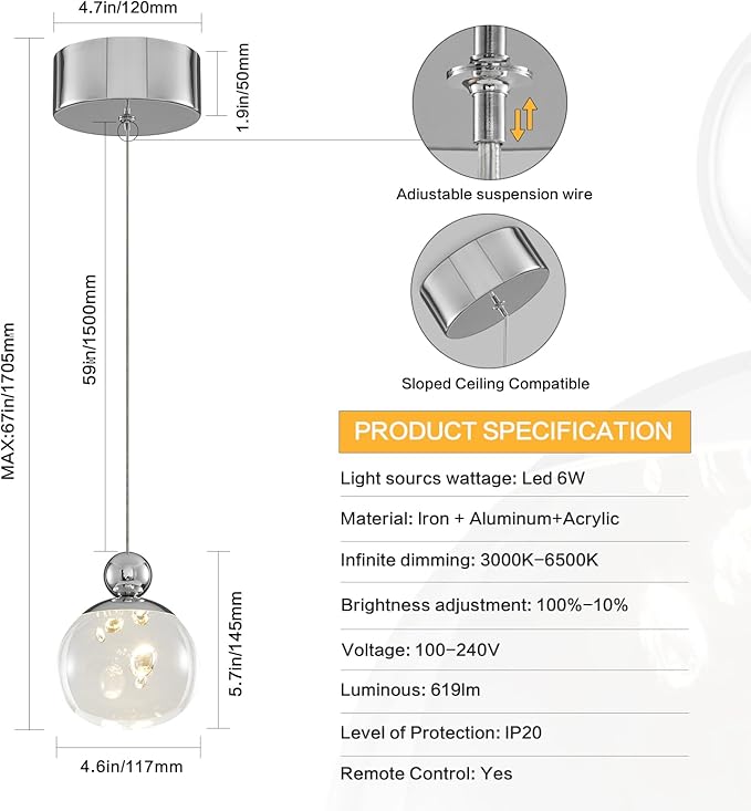 Modern Pendant Lighting ,6W Dimmable LED Chandelier with Remote, Updated Acrylic Housing and Bubble Kitchen Light for Kitchen,Dining Room,Living Room,Corridor and Bar, 3000-6500K (Nickel D4.7inch )