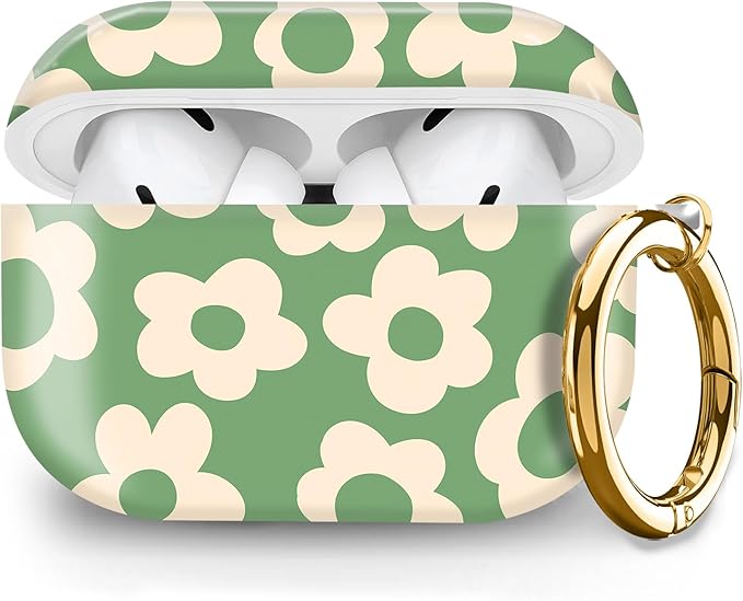 Compatible with Airpod pro 2nd/1st Generation Case Cover with Gold Round Keychain Cute Pattern Hard & Anti Slip Cover for Men Women & Girls(Green Flower)