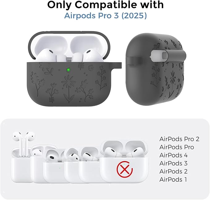 AhaStyle AirPods Pro 3 Case Cover (2025) Flower Engraved Cute Silicone AirPods Pro 3rd Generation Case Full Body Shockproof Cover Skin for Apple AirPods Pro 3rd Gen with Cleaning Kit for Women Girls