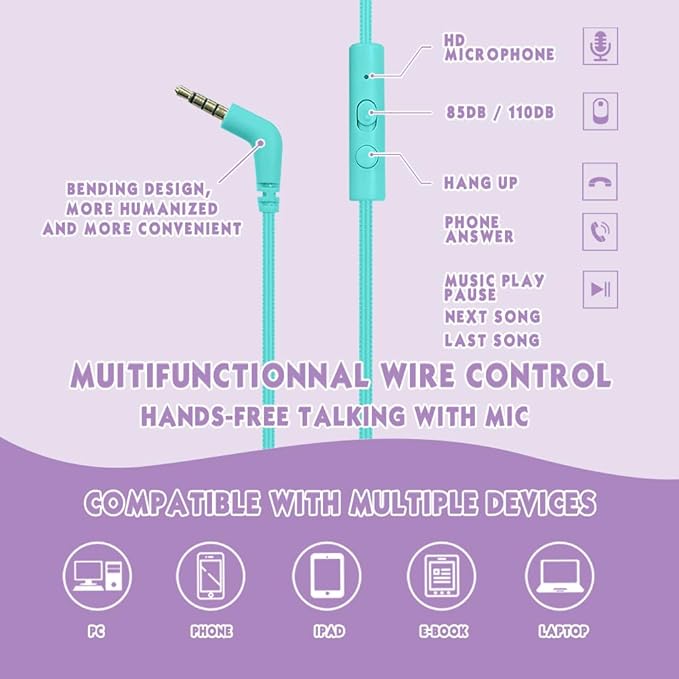 Headphone Kids Volume Limited 85/94dB Wired Over-Ear/On-Earr Foldable Headset with Inline Cable Aux 3.5mm Cord Mic for Toddler Boy Girl Child Back to School Study Pad Tablet Blue