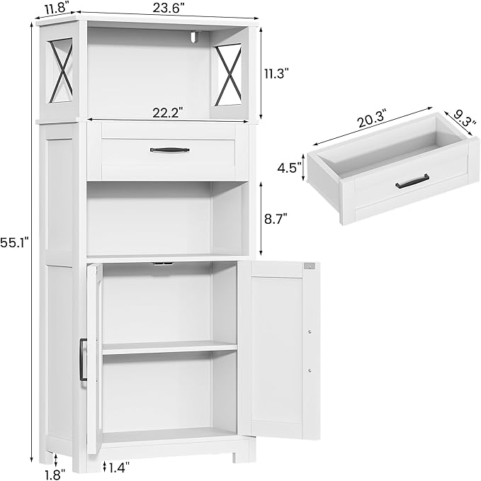 Semoic 55" Farmhouse Kitchen Pantry Cabinet, 5-Tier Pantry Storage Cabinet with 2 Barn Doors and Drawer, Tall Sideboard Buffet Cupboards Storage Shelf for Home Office Use (White 12" D x 24" W x 55" H)