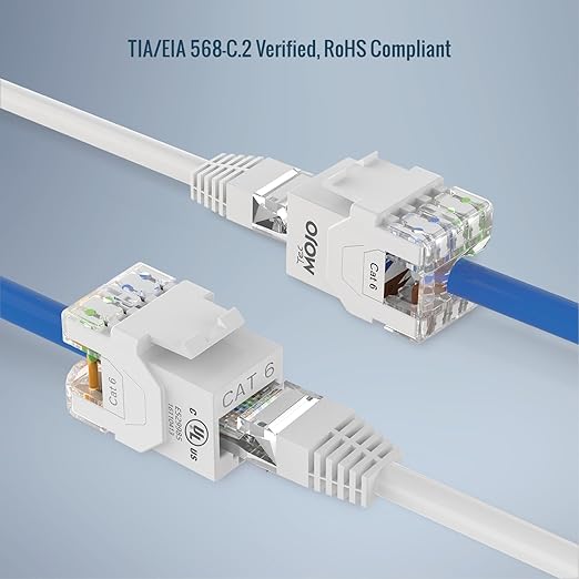 Tecmojo UL Listed 1000 Mbps Cat6 Keystone Jack Insert 25 -Pack, 180 Degree Punch Down RJ45 Keystone Jack Adapter Slim Profile for Patch Panel & Wall Plate, White