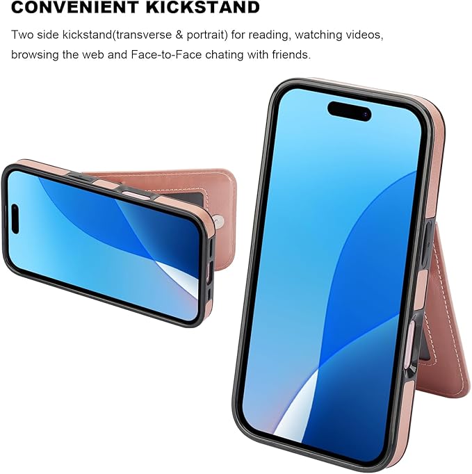 KIHUWEY for iPhone 16 Case Wallet Compatible with MagSafe Wireless Charging, Credit Card Holder, RFID Flip Leather Magnetic Clasp Kickstand Heavy Duty Protective Cover 6.1 Inch (Rose Gold)