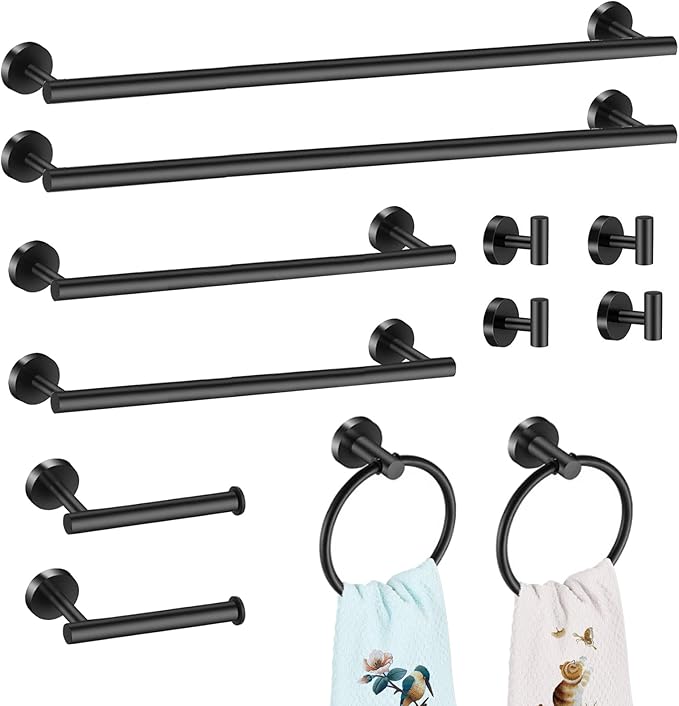 12 PCS Matte Black Round Towel Bar Set, Bathroom Towel Bar Set Include 24 inch,16 inch Towel Bar, Toilet Paper Holder, Towel Ring, Towel Hooks, Stainless Steel Bathroom Accessories Set