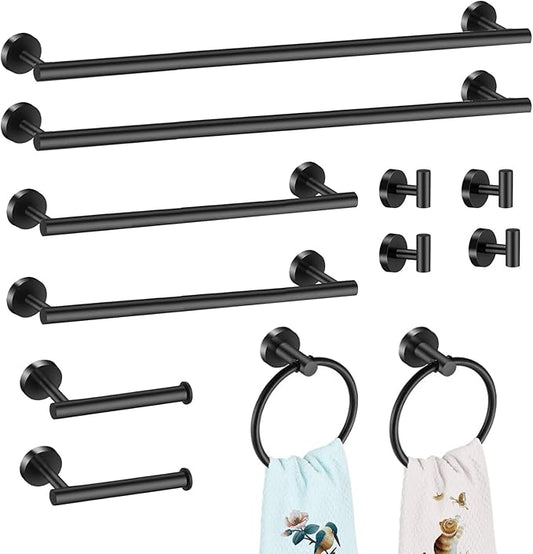 12 PCS Matte Black Round Towel Bar Set, Bathroom Towel Bar Set Include 24 inch,16 inch Towel Bar, Toilet Paper Holder, Towel Ring, Towel Hooks, Stainless Steel Bathroom Accessories Set