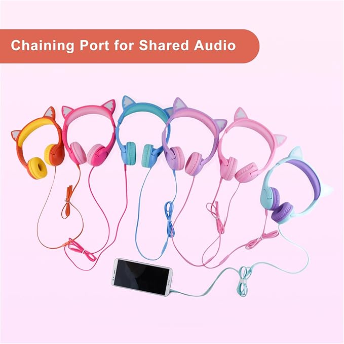 Olyre Kids Headphones, Safe 85db Volume Control Light Up Cat Ear Headphones with Sharing Port for Classroom/Travel/Homeschool, Sparkling Birthday Gifts for Girls & Boys - Orange