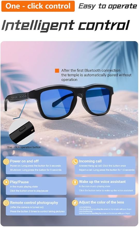 AI Translator Glasses - 2025 Smart Glasses with Slidable Color-Changing Lenses, Hands-Free Open-Ear Audio, Voice Assistant & UV Protection-Blue Lenses