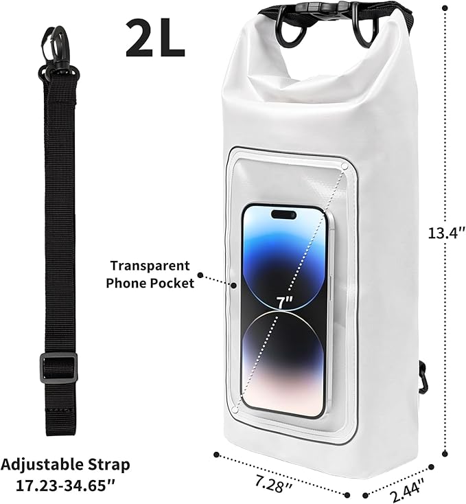 Waterproof Dry Bag 2L, IPX8 Roll Top Waterproof Belt Bag with Clear Phone Window, Phone Pouch Water Protector, Boat & Kayak Accessories, Essentials for Cruise Camp Swim Beach Fish Travel (White)