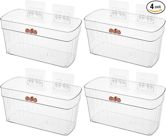 4 Pack Adhesive Cabinet Door Organizer, Compact Pantry Organizers and Storage Basket, Clear Bathroom Storage Organizer Shelf for Narrow Space, Wall Mounted Shower Caddy Hanging Sink Caddy