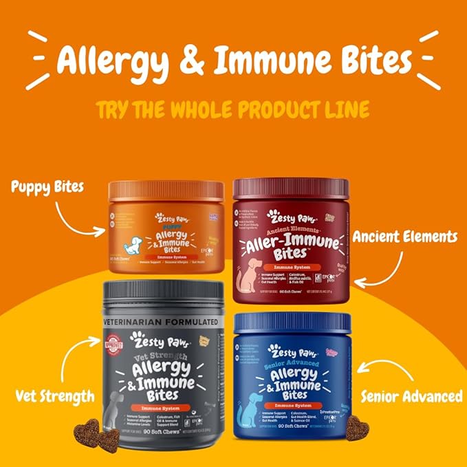 Zesty Paws Dog Allergy Relief Chews, Dog Probiotics for Itchy Skin and Ears, Peanut Butter, 90ct