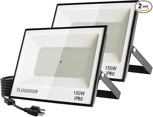 150W LED Flood Light Outdoor, 15000LM Super Bright floodlights,IP66 Waterproof Security Lights White Light with Plugs for Yard, Garden, Playground,Stadium, Basketball Court (2 Pack)