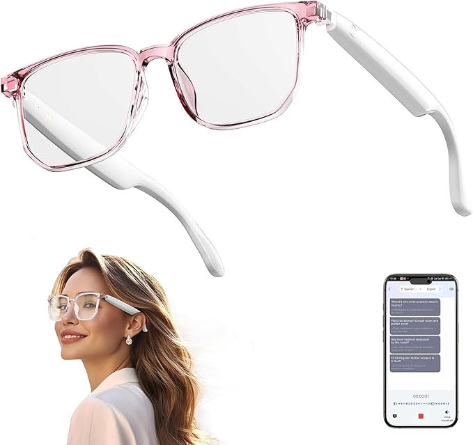 AI Smart Glasses, Bluetooth 5.4 Translation Glasses with 144 Language & Accents, Blue Light Filtering Lenses, Multifunctional Smart Glasses for Men Women, Travel Meeting Trade Business HY-C8 White