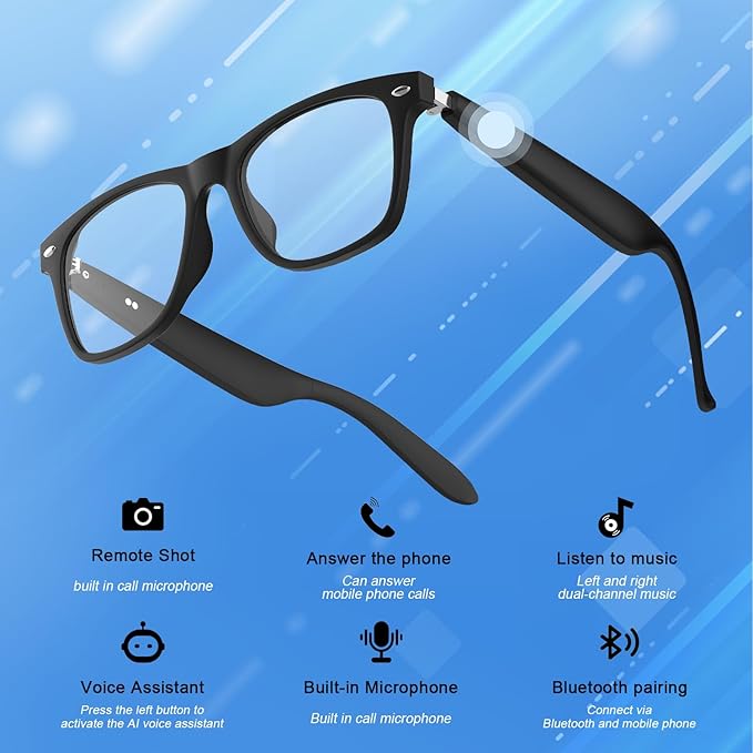 Bluetooth Smart Glasses with Camera for Sports/Cycling/Running, Bone-Conduction Music Glasses, Intelligent Voice Navigation, Anti-Blue Light Glasses（Black