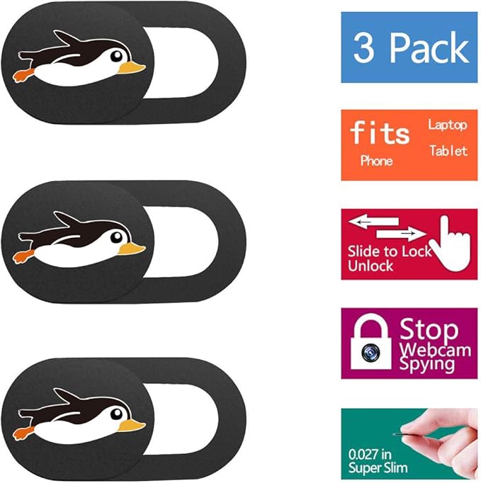 SIREG Webcam Cover Slide 0.027in Ultra Thin Web Camera Cover for Laptops Smartphone PC Tablets for Protecting Your Privacy Security (Penguin - Black & 3 Pack)