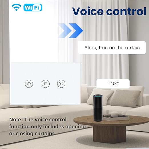 Smart Curtain Switch Neutral Wire Required, 2.4GHz WiFi Dimmer Light Switch with Remote Voice Control, Tempered Glass Panel, Compatible with Alexa and Google Home, White WiFi Curtain