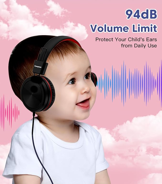 Kids Headphones, Toddler Headphone with Safe Volume Limiter 94dB, Wired School Headphones for Kid, 3.5mm Adjustable On-Ear Headphone for Boys/Girls/Children/Teens/iPad/Computer, Red Black