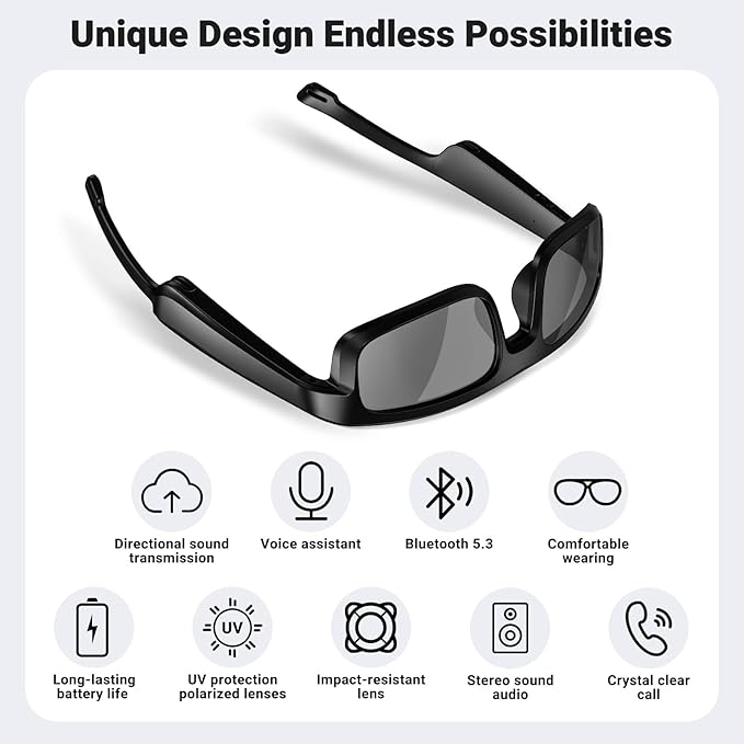 Smart Glasses, Polarized Bluetooth Sunglasses, Built-in Mic & Speakers, Voice Assistant, UV Protection Audio Sun Glass