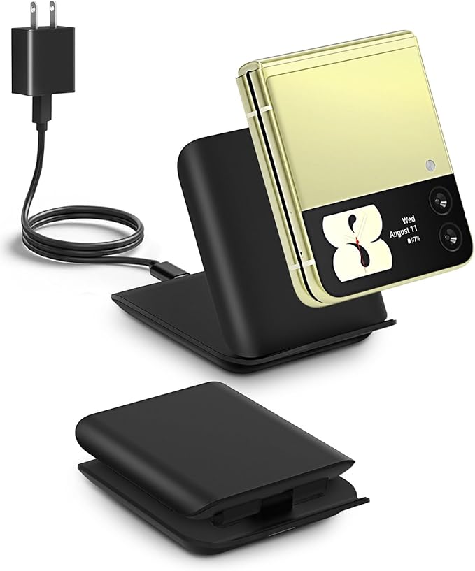 Samsung Galaxy Z Flip 7 Wireless Charger 15W Foldable Stand - Official Qi Fast Charging Station Travel Dock for z Flip 7/6/5/4/3 & Motorola Razr+ | PD 20W Adapter Included | Black